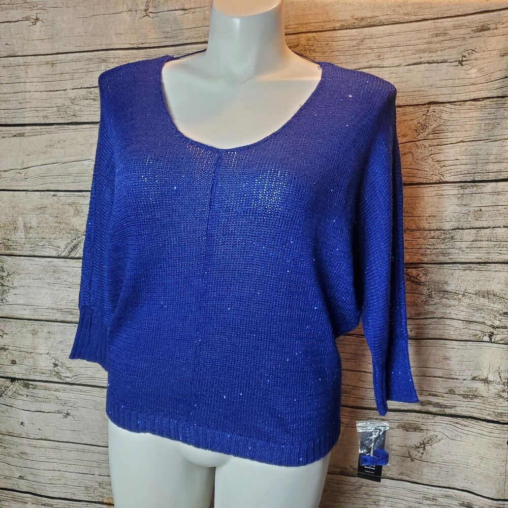 INC International Concepts Blue Sparkly V-Neck Pullover Sweater Size Large
